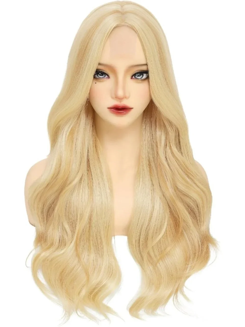 26-Inch Long Blonde Wavy Wig for Women - Middle Part Synthetic Hairpiece